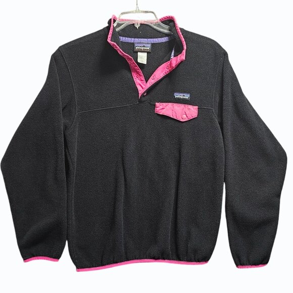 Patagonia Black Synchilla T-Snap Fleece Pullover Pink Trim Women's Medium - Picture 1 of 8